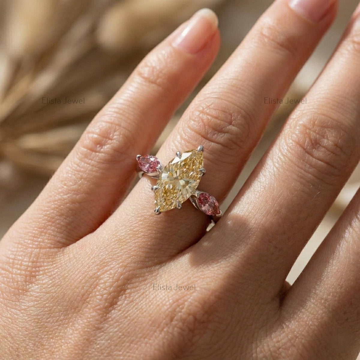 Marquise Champagne Lab-Grown Diamond Engagement Ring, 14K White Gold, Pink Accents