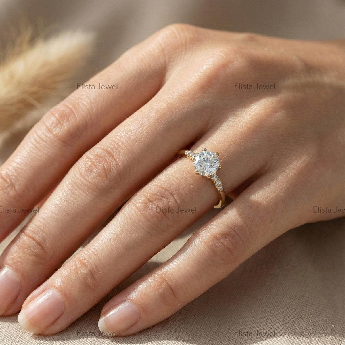 Round Diamond Ring Lab Grown Engagement 14K Yellow Gold Dainty Side Stone Band