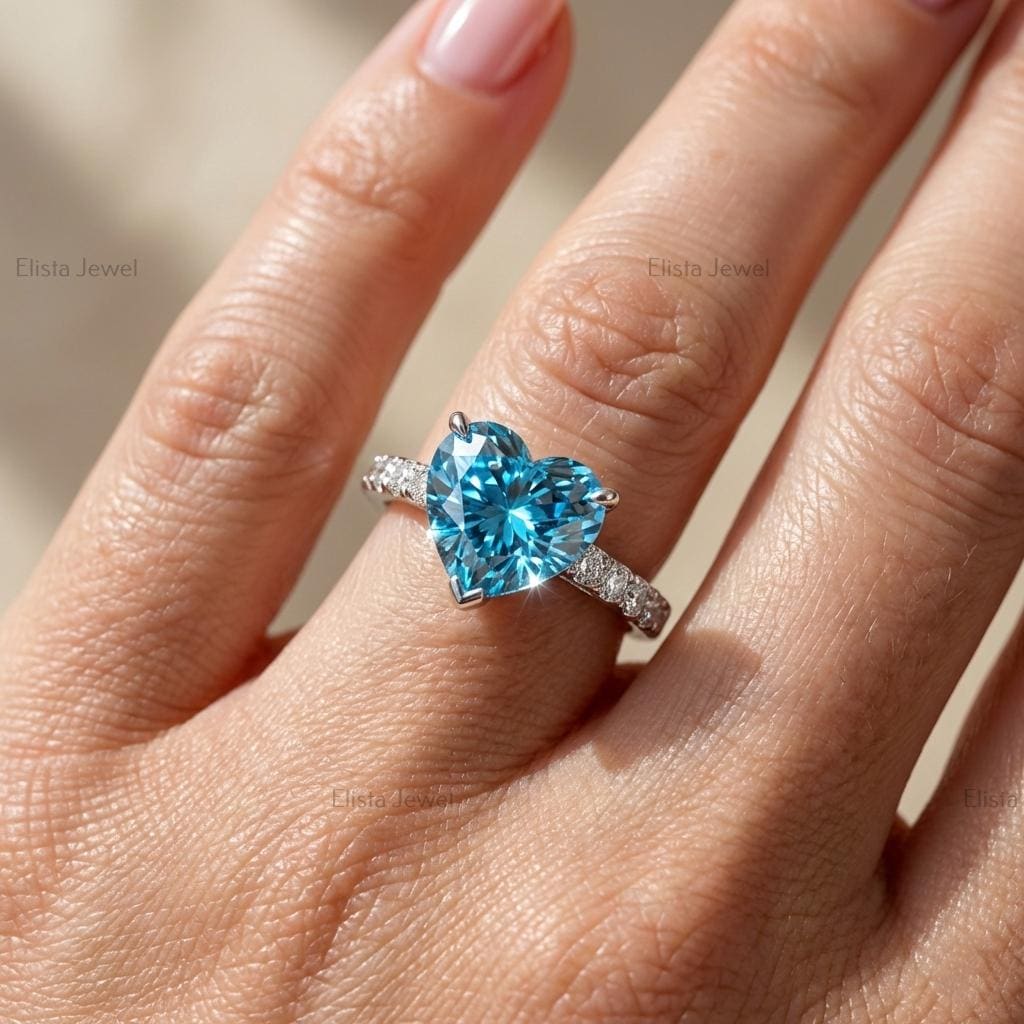 Heart Lab-Grown Diamond Ring: Fancy Blue, White Gold Pavé Band