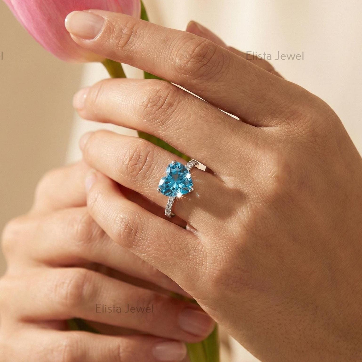 Heart Lab-Grown Diamond Ring: Fancy Blue, White Gold Pavé Band