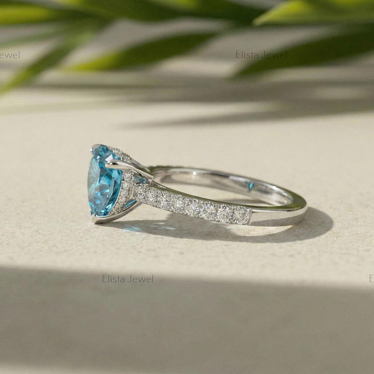 Heart Lab-Grown Diamond Ring: Fancy Blue, White Gold Pavé Band