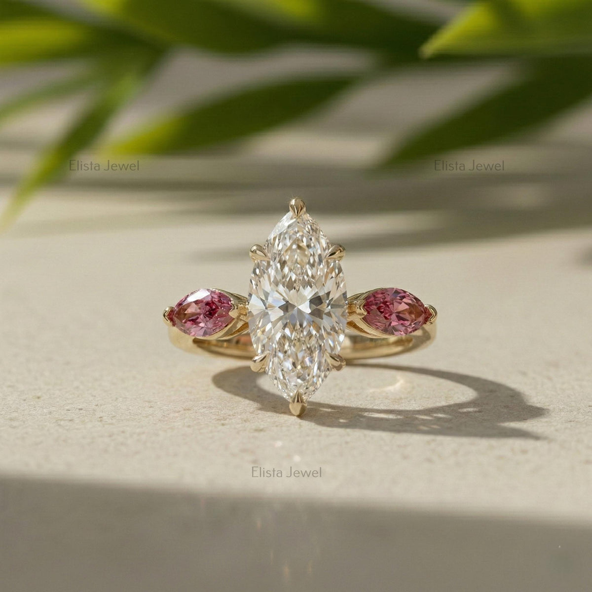 Marquise Lab-Grown Diamond Engagement Ring, 18K Yellow Gold, Pink Accent Stones