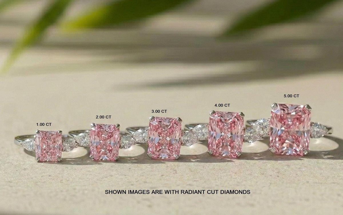 Radiant Lab-Grown Pink Diamond Three Stone Platinum Ring