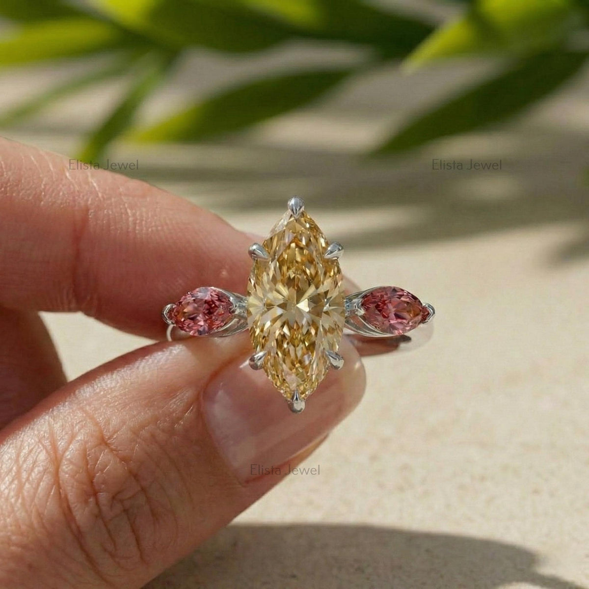 Marquise Champagne Lab-Grown Diamond Engagement Ring, 14K White Gold, Pink Accents