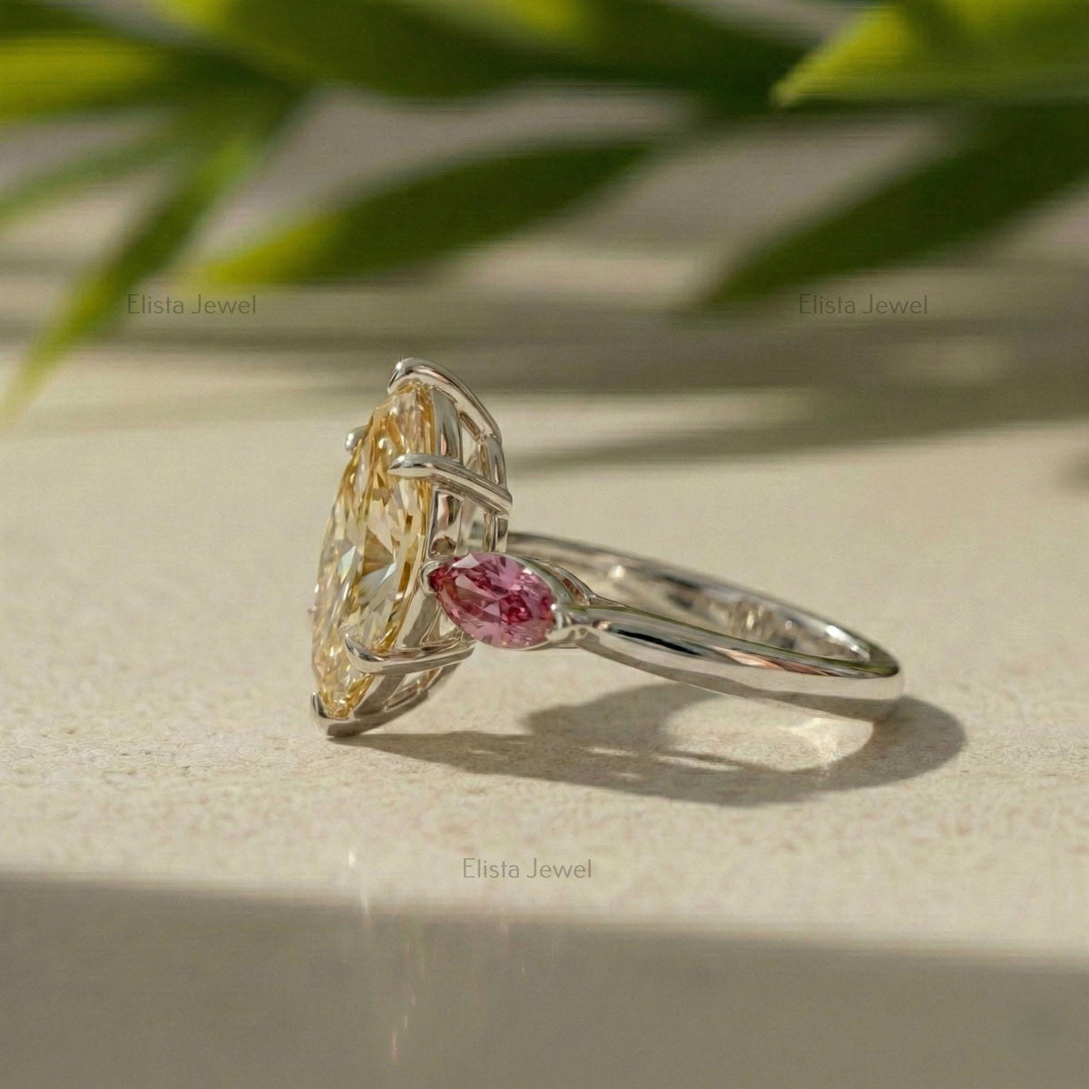 Marquise Champagne Lab-Grown Diamond Engagement Ring, 14K White Gold, Pink Accents
