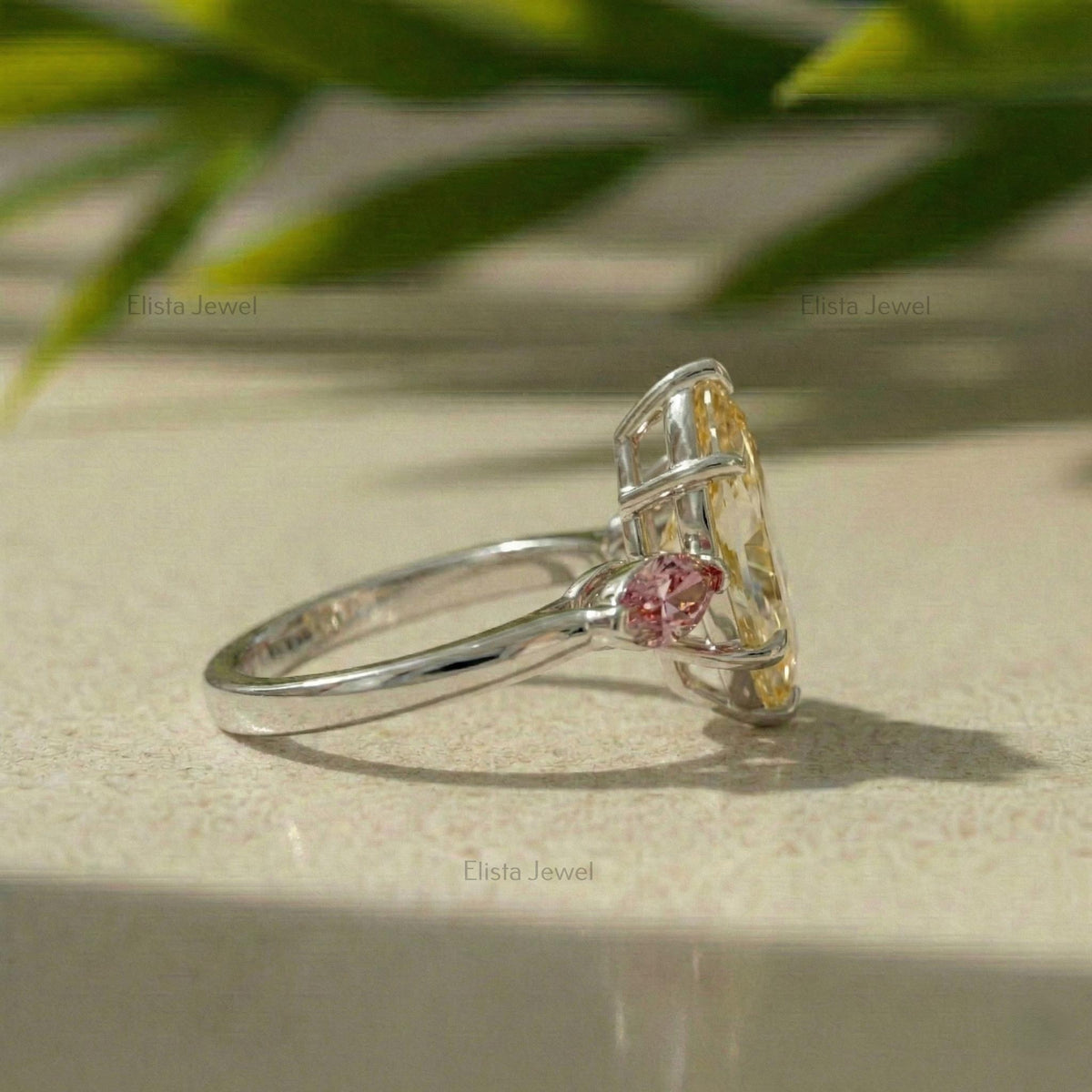 Marquise Champagne Lab-Grown Diamond Engagement Ring, 14K White Gold, Pink Accents
