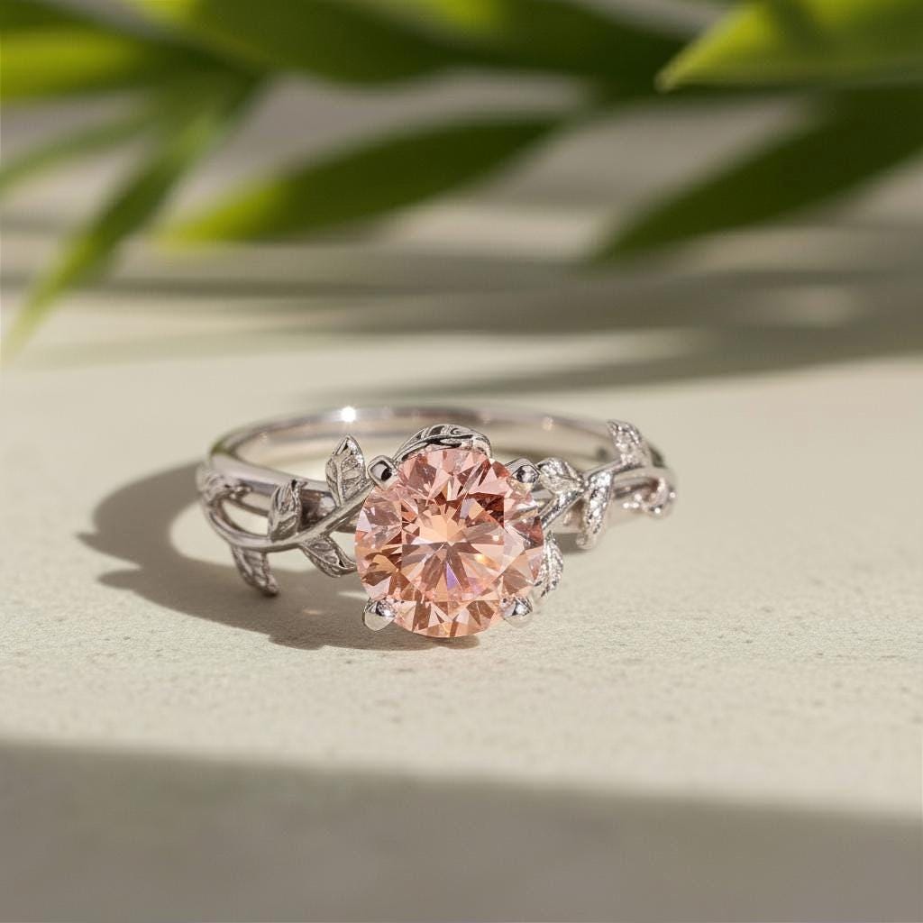 Fancy Pink Lab Grown Diamond Engagement Ring, White Gold Leaf Vine Band