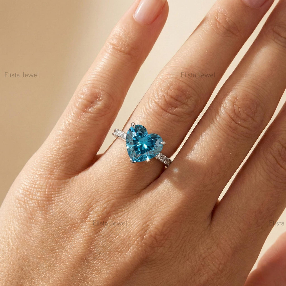 Heart Lab-Grown Diamond Ring: Fancy Blue, White Gold Pavé Band