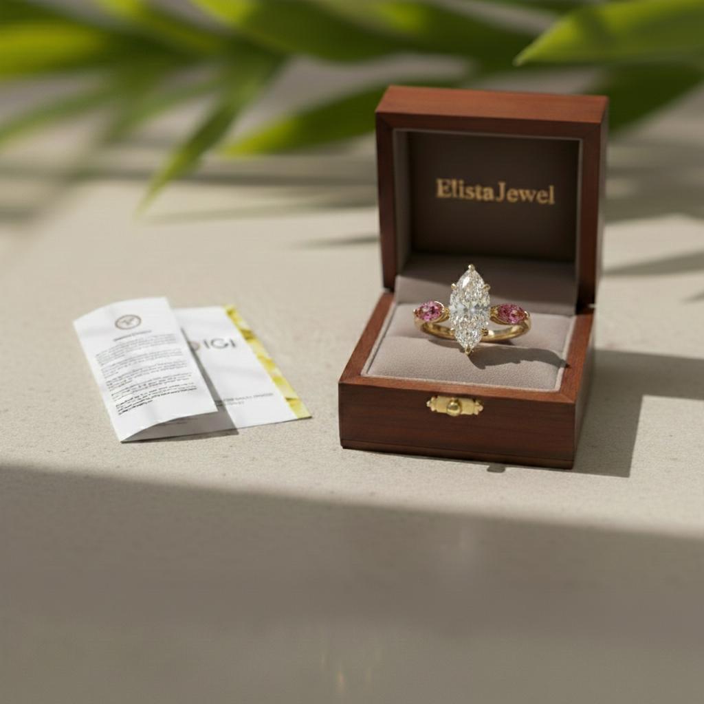Marquise Lab-Grown Diamond Engagement Ring, 18K Yellow Gold, Pink Accent Stones