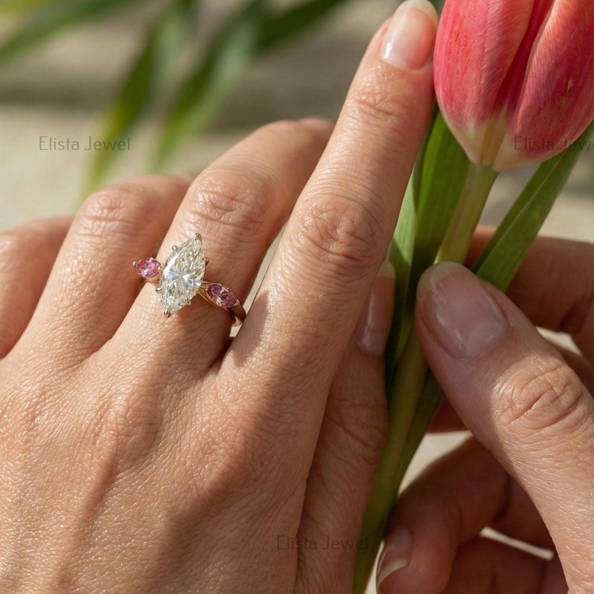 Marquise Lab-Grown Diamond Engagement Ring, 18K Yellow Gold, Pink Accent Stones