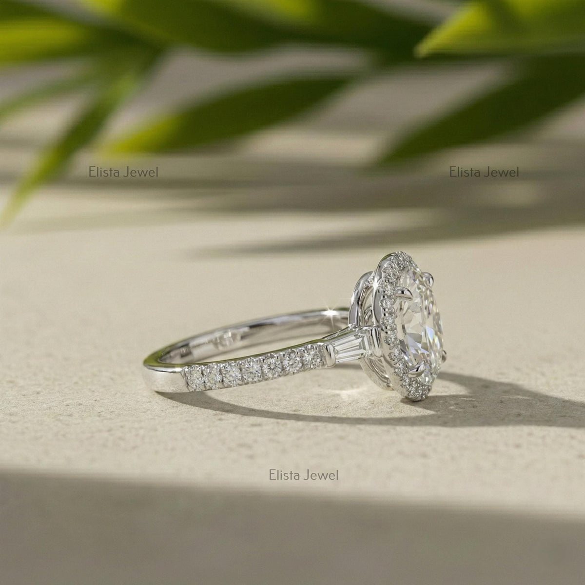 Oval Lab Grown Diamond Halo Engagement Ring With Baguette Side Stones