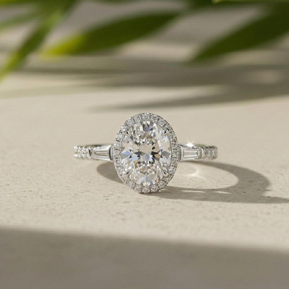 Oval Lab Grown Diamond Halo Engagement Ring With Baguette Side Stones