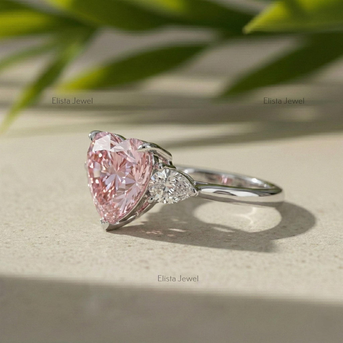Pink Heart Lab Grown Diamond Three Stone Ring In 14K Solid White Gold