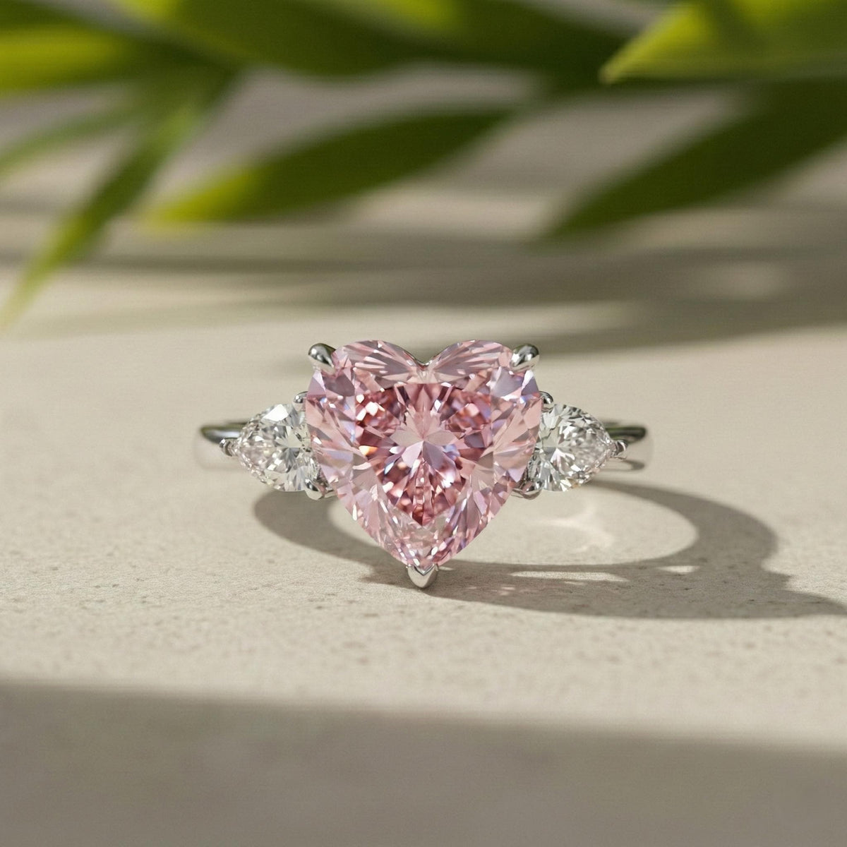 Pink Heart Lab Grown Diamond Three Stone Ring In 14K Solid White Gold