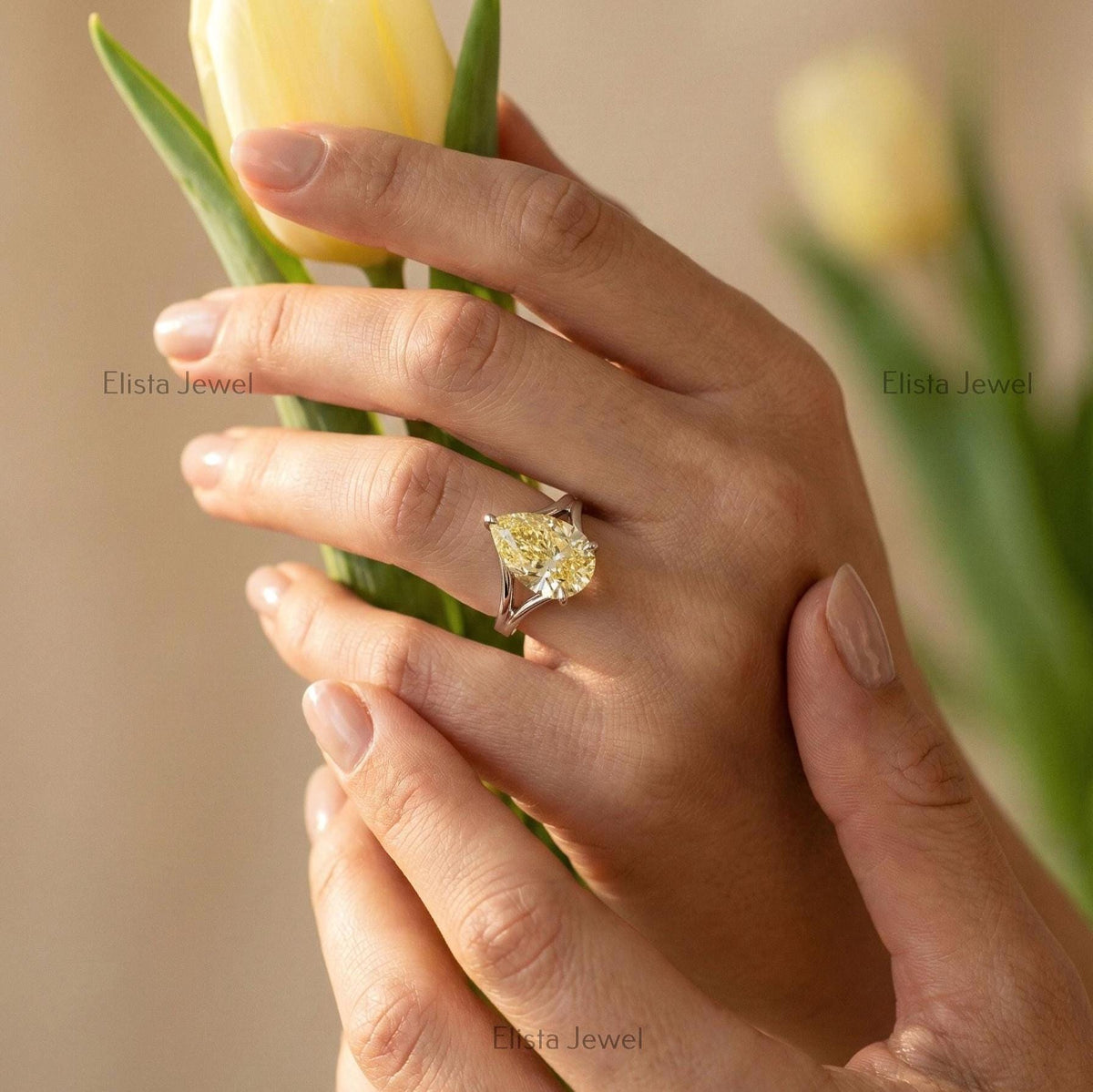 Yellow Pear Lab Grown Diamond Solitaire Engagement Ring, Platinum Split Shank Band (IGI Certified)