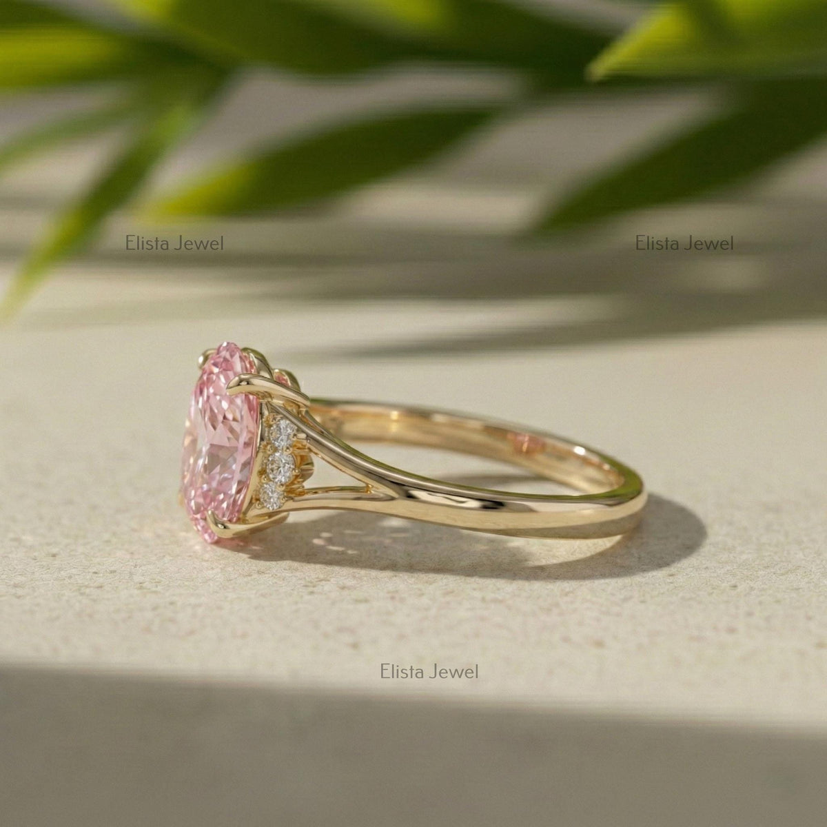 Oval Pink Lab Grown Diamond Split Shank Engagement Ring In 14K Yellow Gold