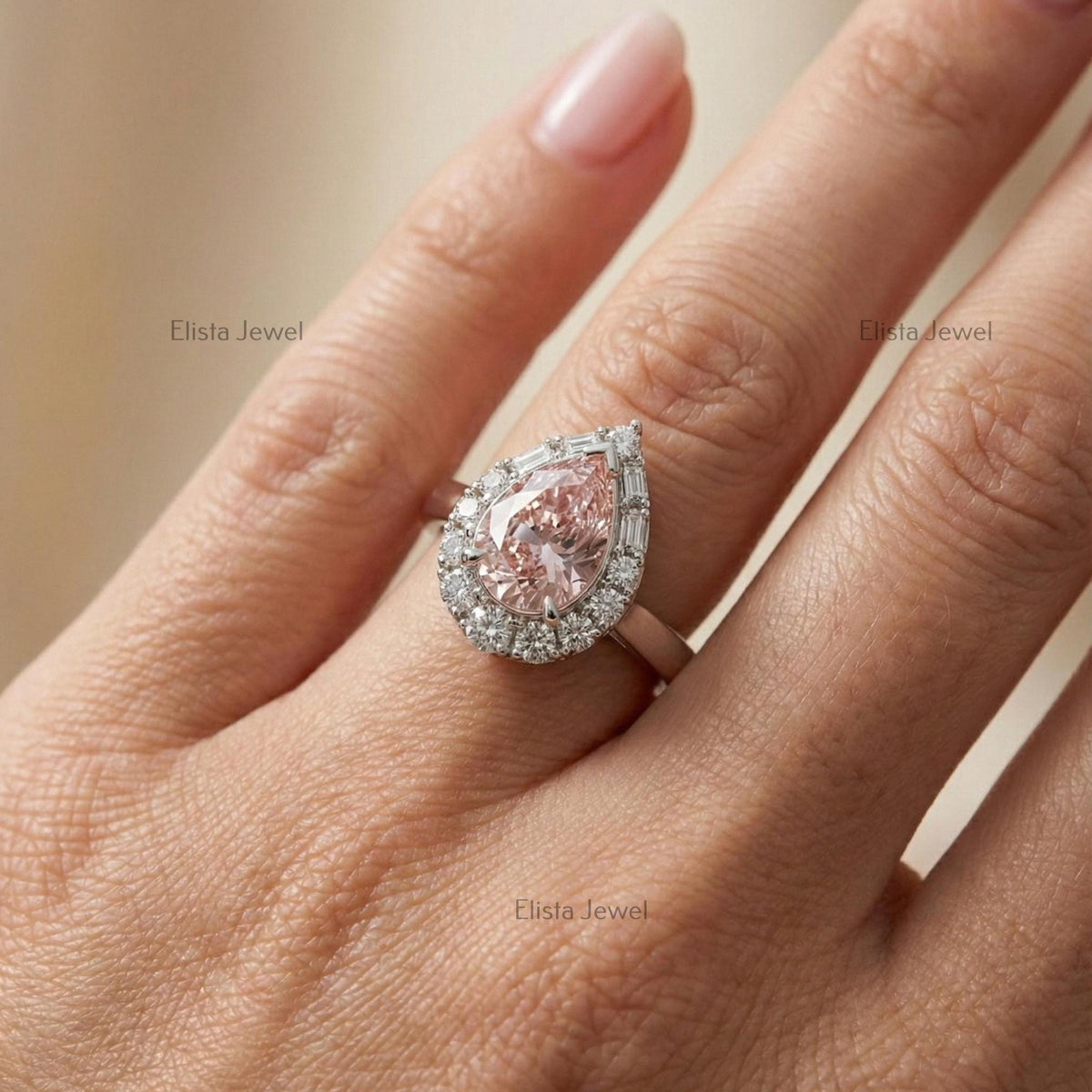 Pear Halo Pink Lab Grown Diamond Engagement Ring In 14K Solid White Gold