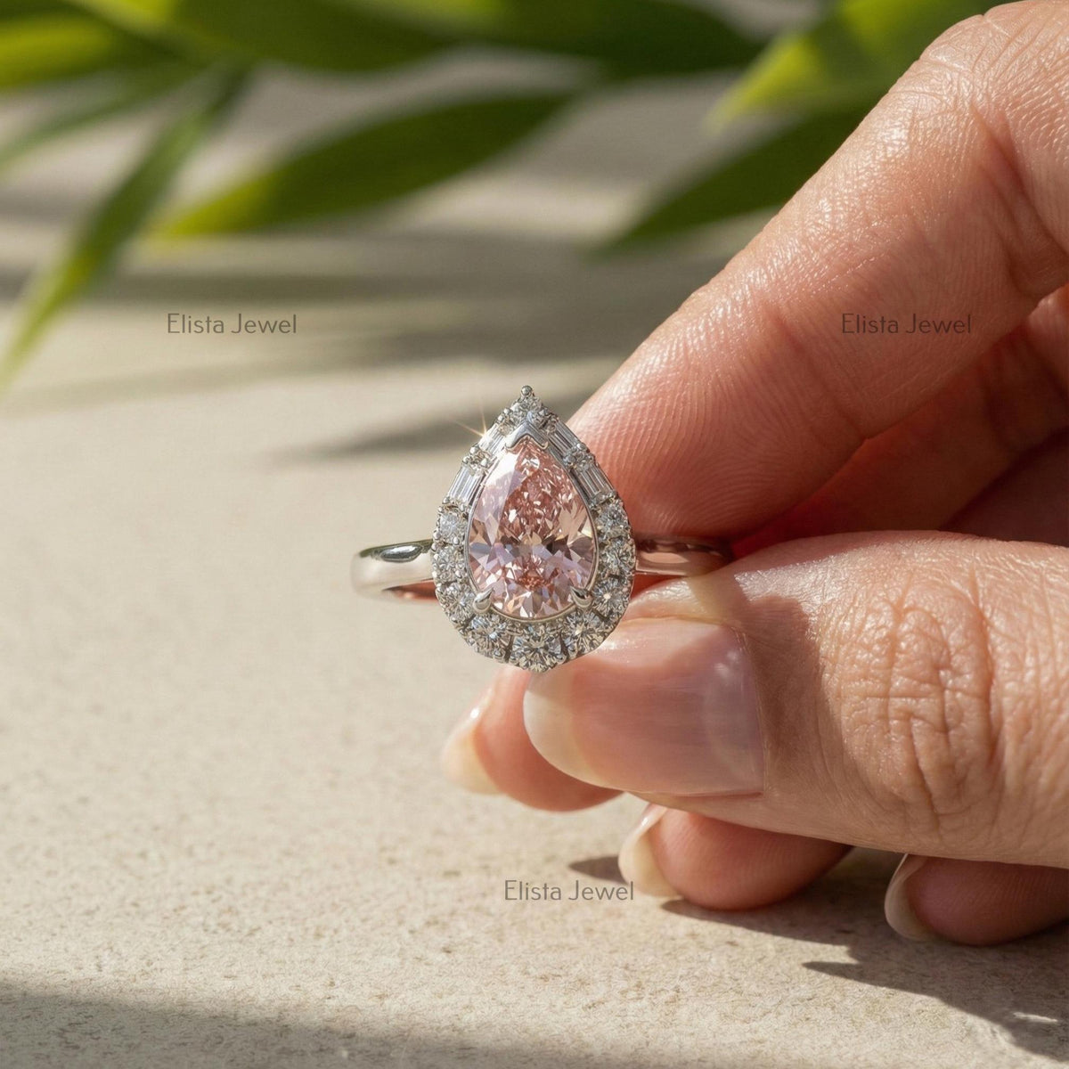Pear Halo Pink Lab Grown Diamond Engagement Ring In 14K Solid White Gold