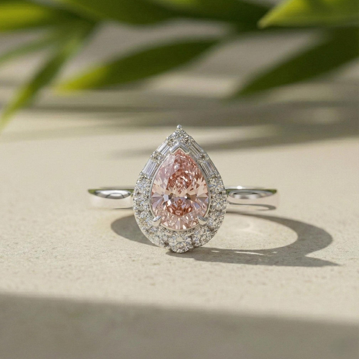 Pear Halo Pink Lab Grown Diamond Engagement Ring In 14K Solid White Gold