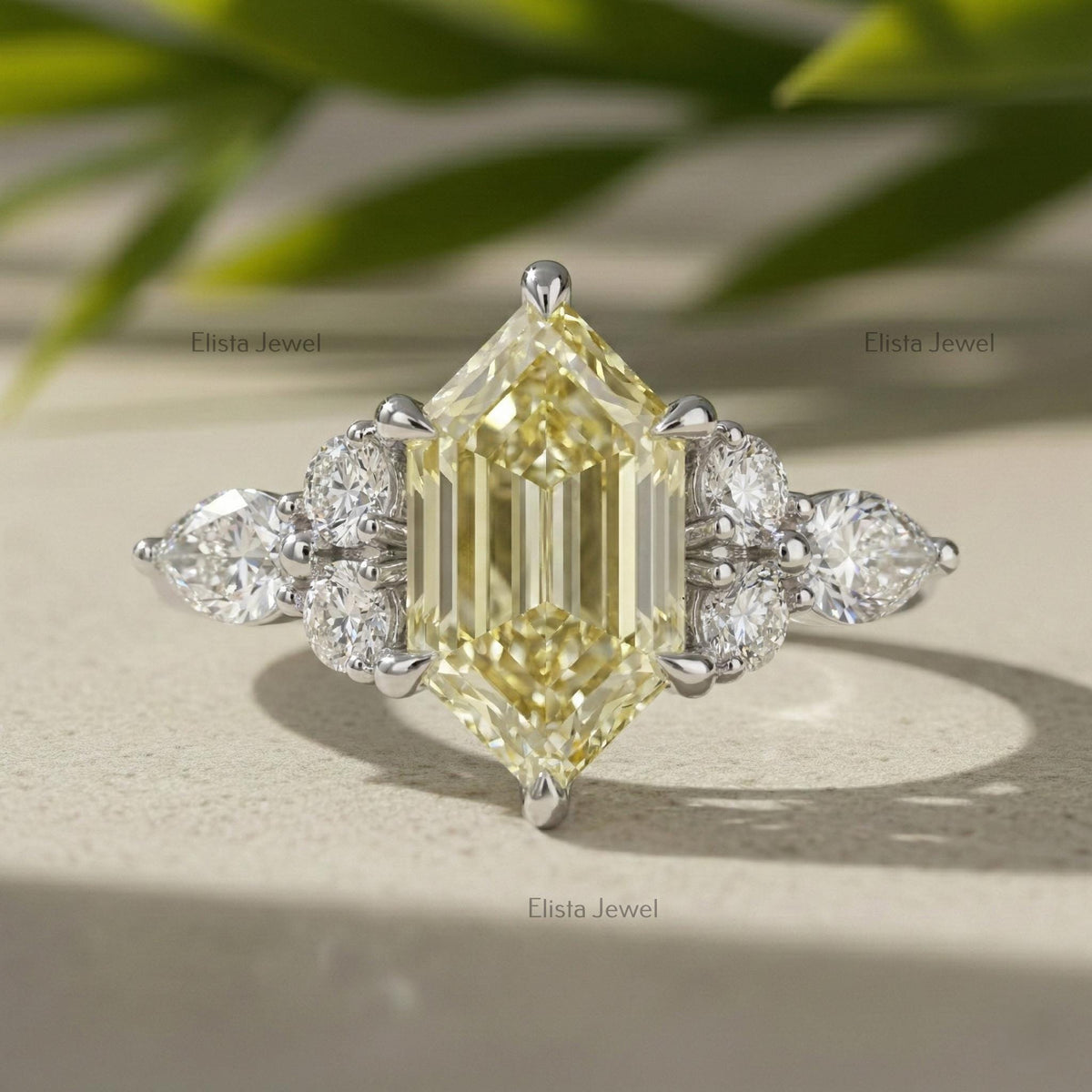 Hexagon Step Cut Yellow Diamond Three Stone Ring, IGI Certified Engagement Ring