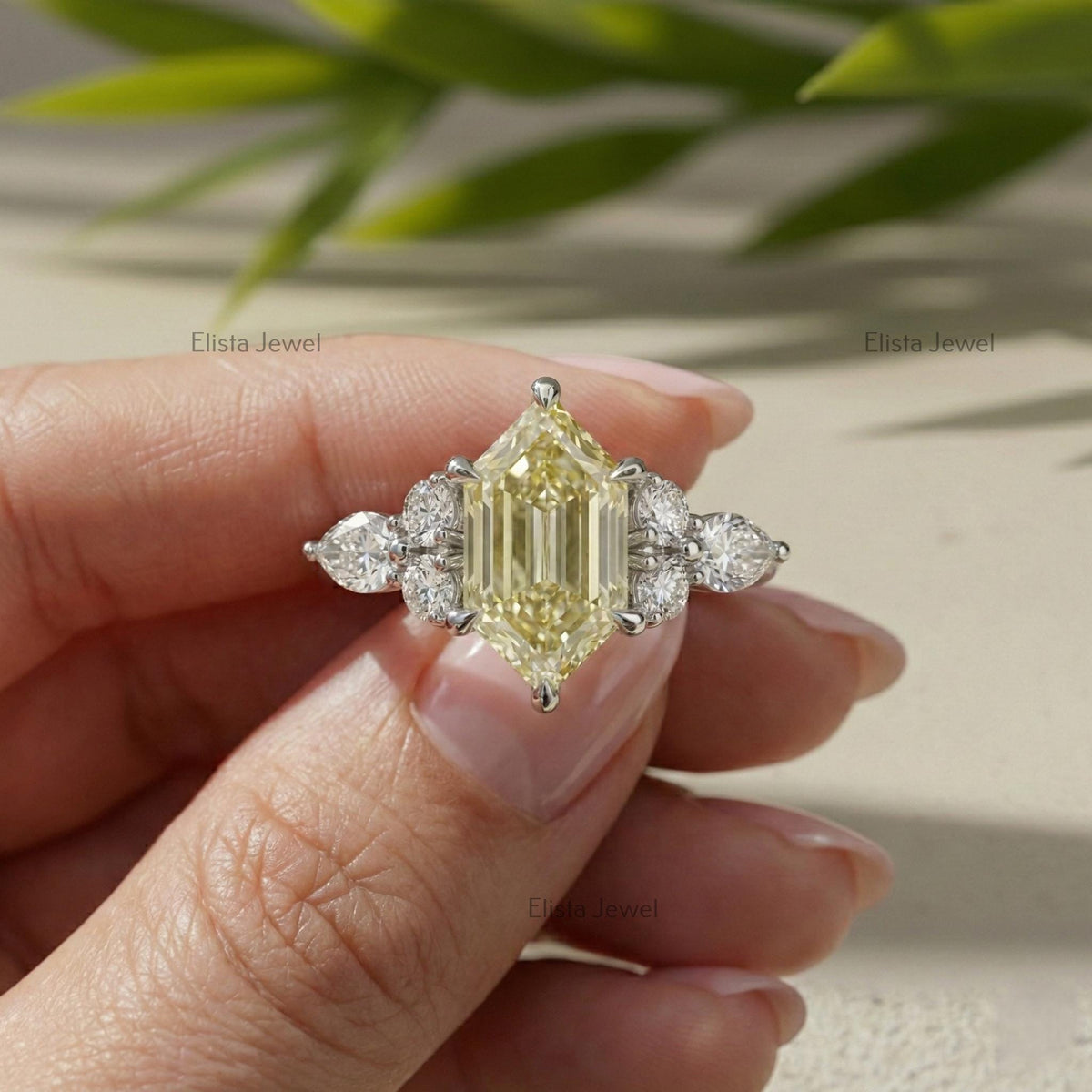 Hexagon Step Cut Yellow Diamond Three Stone Ring, IGI Certified Engagement Ring