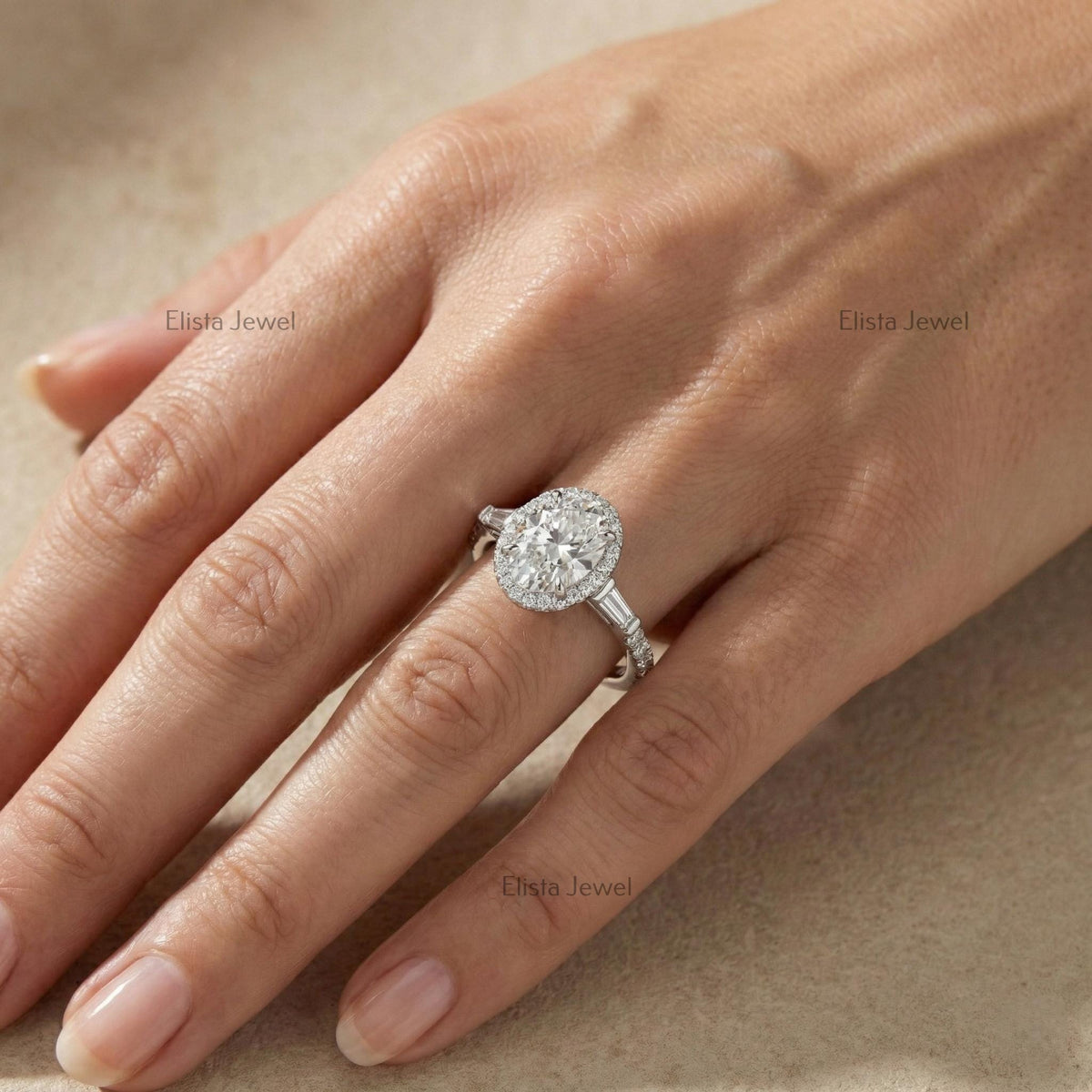 Oval Lab Grown Diamond Halo Engagement Ring With Baguette Side Stones