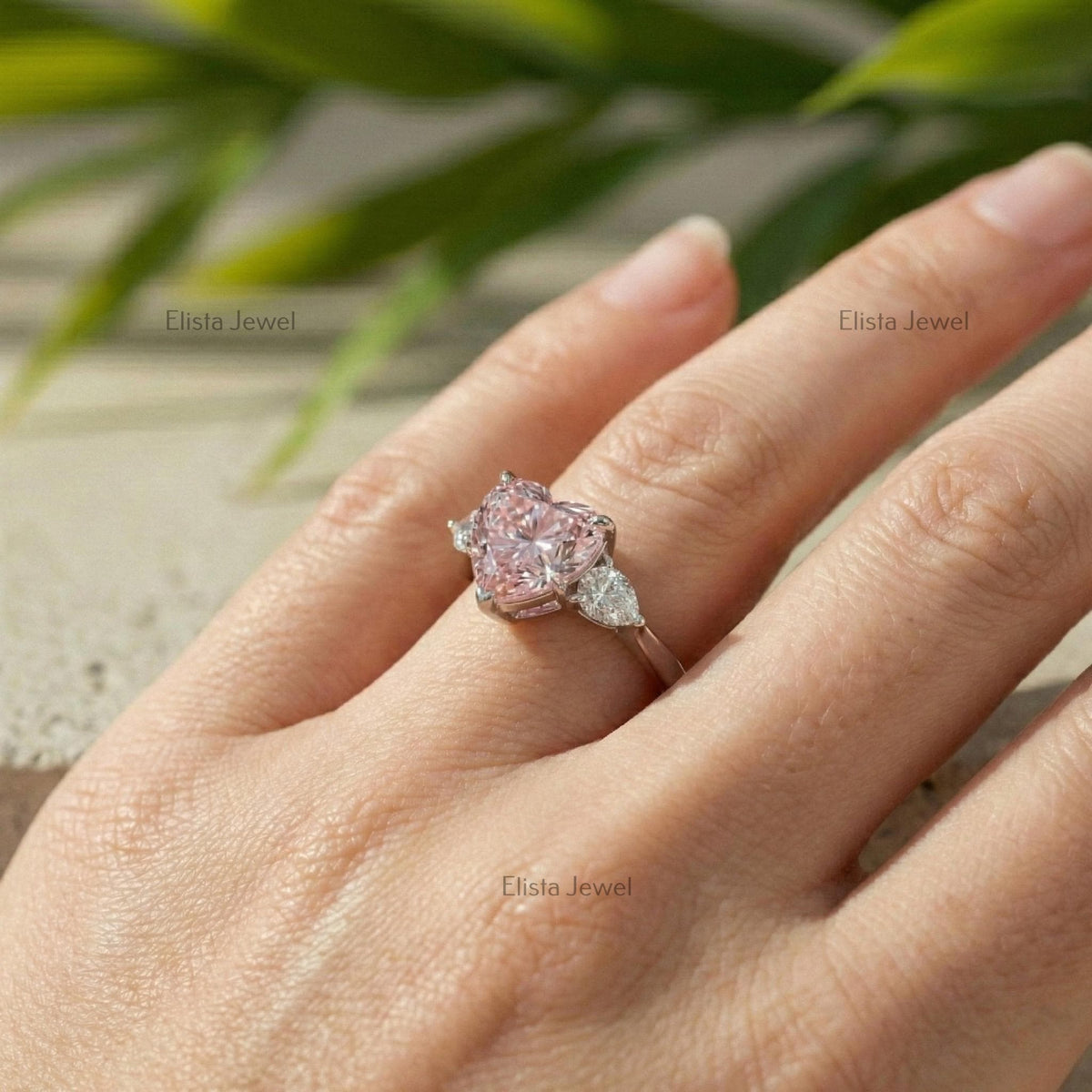 Pink Heart Lab Grown Diamond Three Stone Ring In 14K Solid White Gold