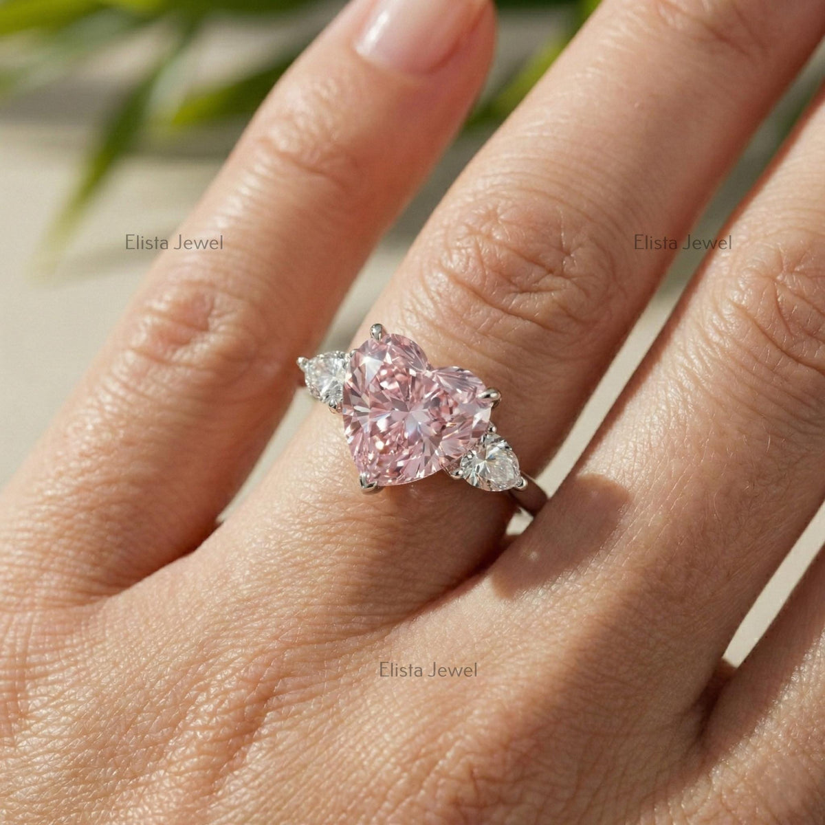 Pink Heart Lab Grown Diamond Three Stone Ring In 14K Solid White Gold