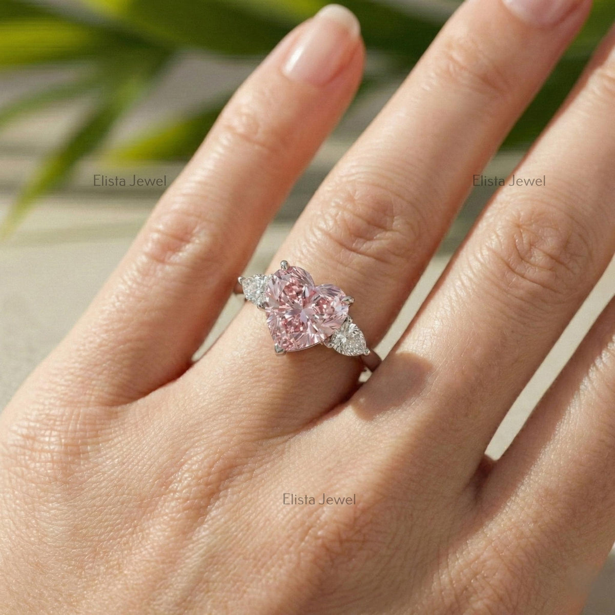 Pink Heart Lab Grown Diamond Three Stone Ring In 14K Solid White Gold