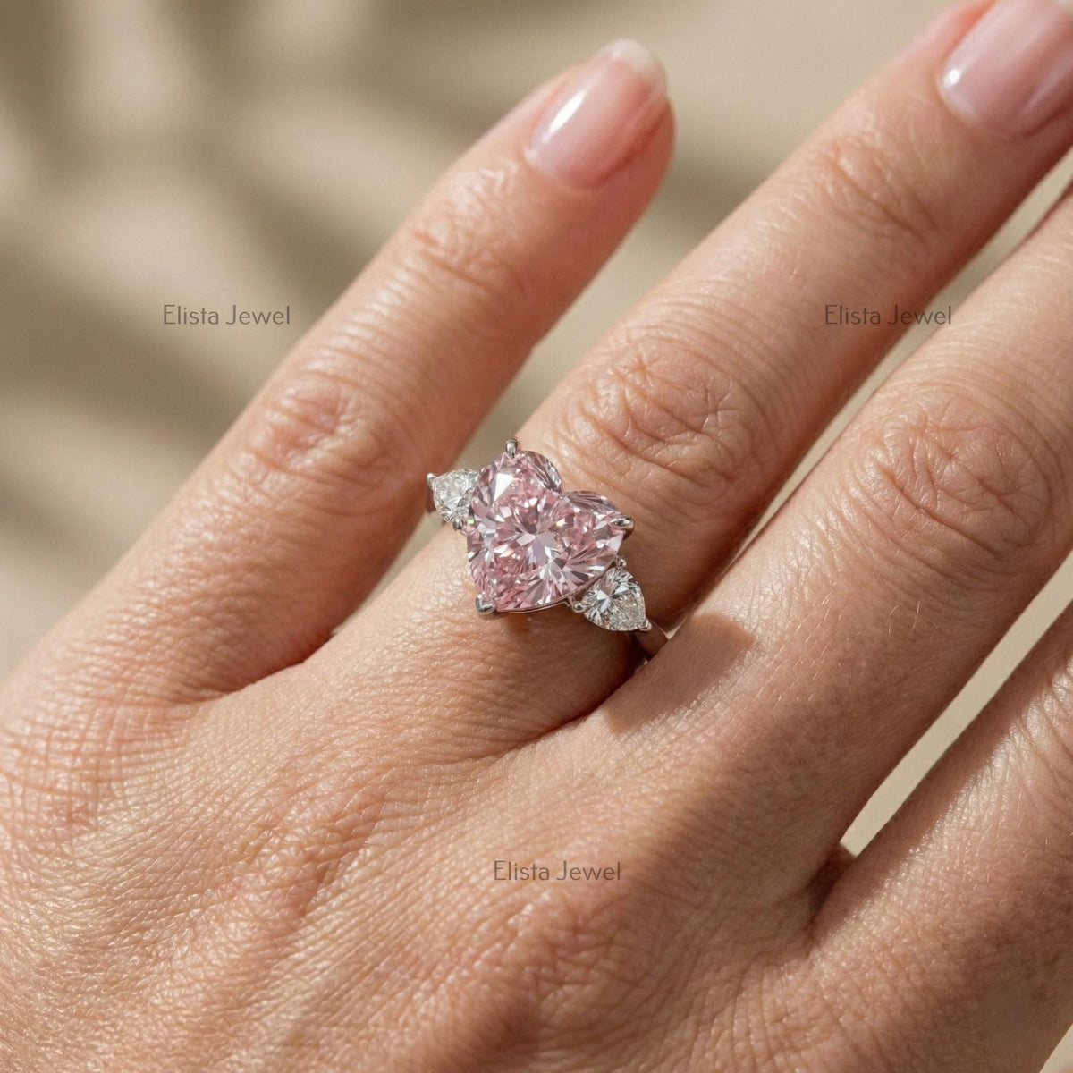 Pink Heart Lab Grown Diamond Three Stone Ring In 14K Solid White Gold