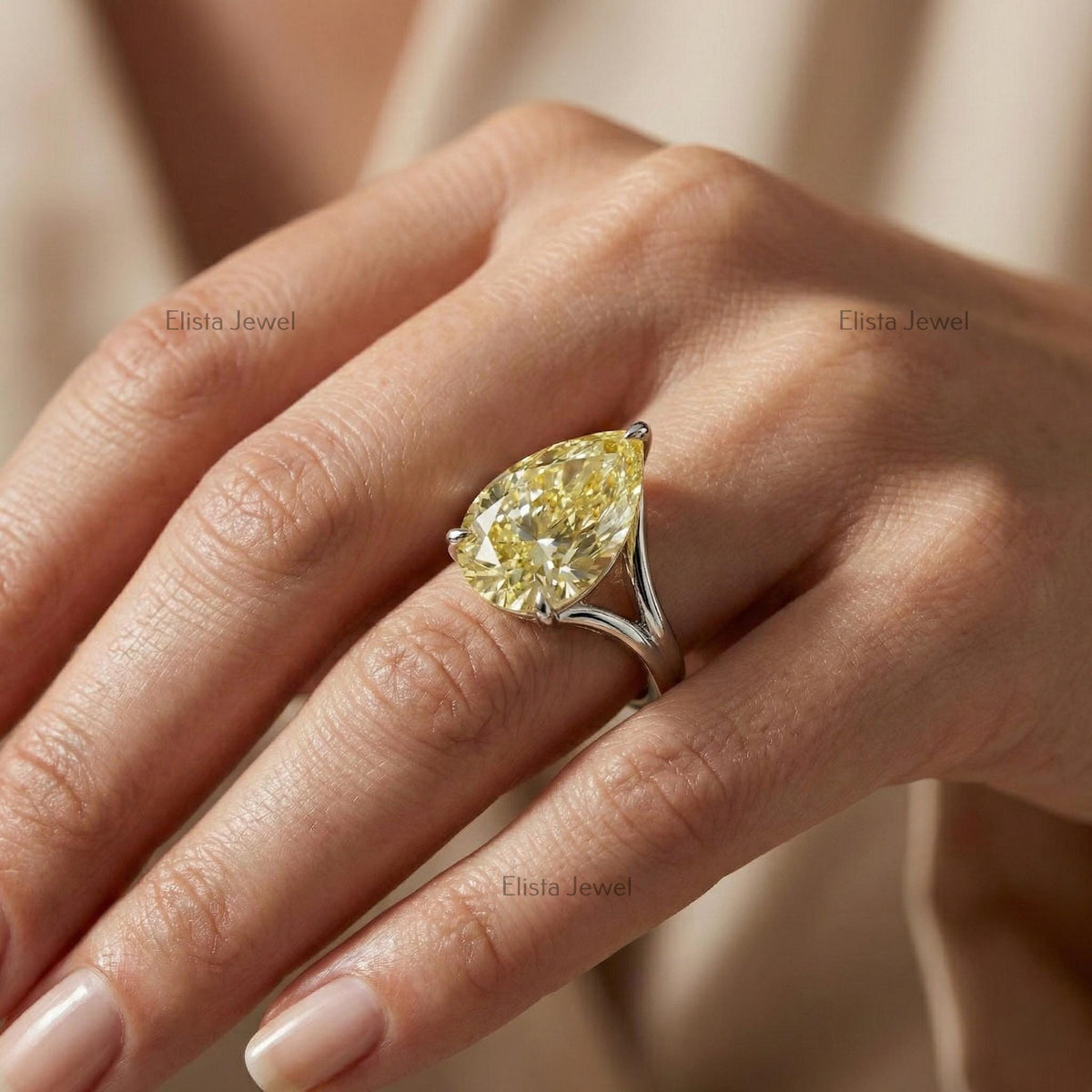 Yellow Pear Lab Grown Diamond Solitaire Engagement Ring, Platinum Split Shank Band (IGI Certified)