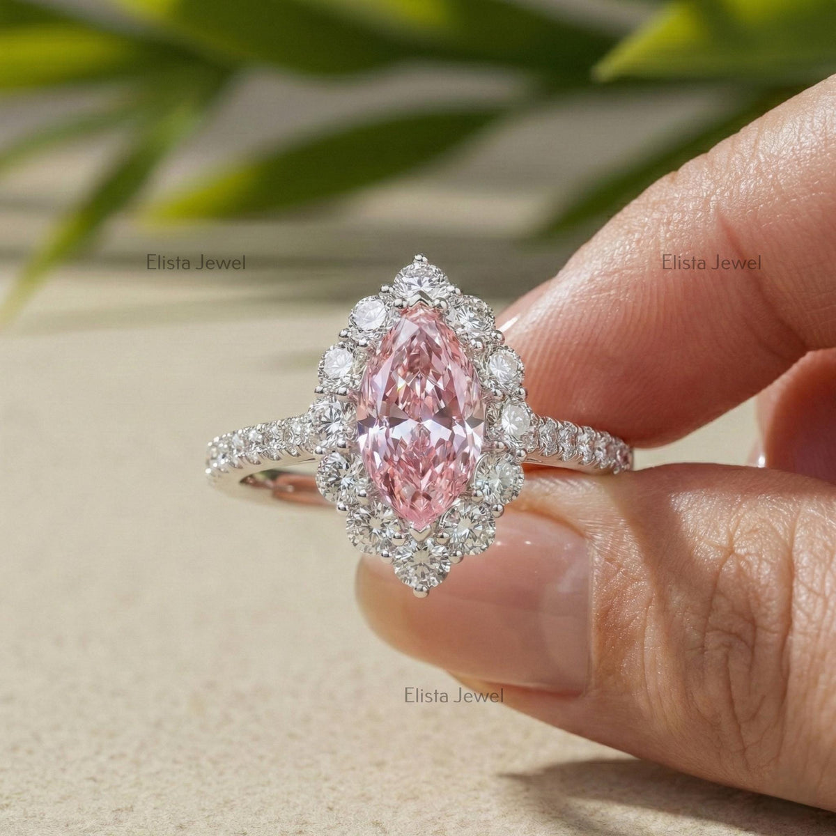 Marquise Pink Lab Diamond Halo Engagement Ring, 14K White Gold Pavé Band Certified