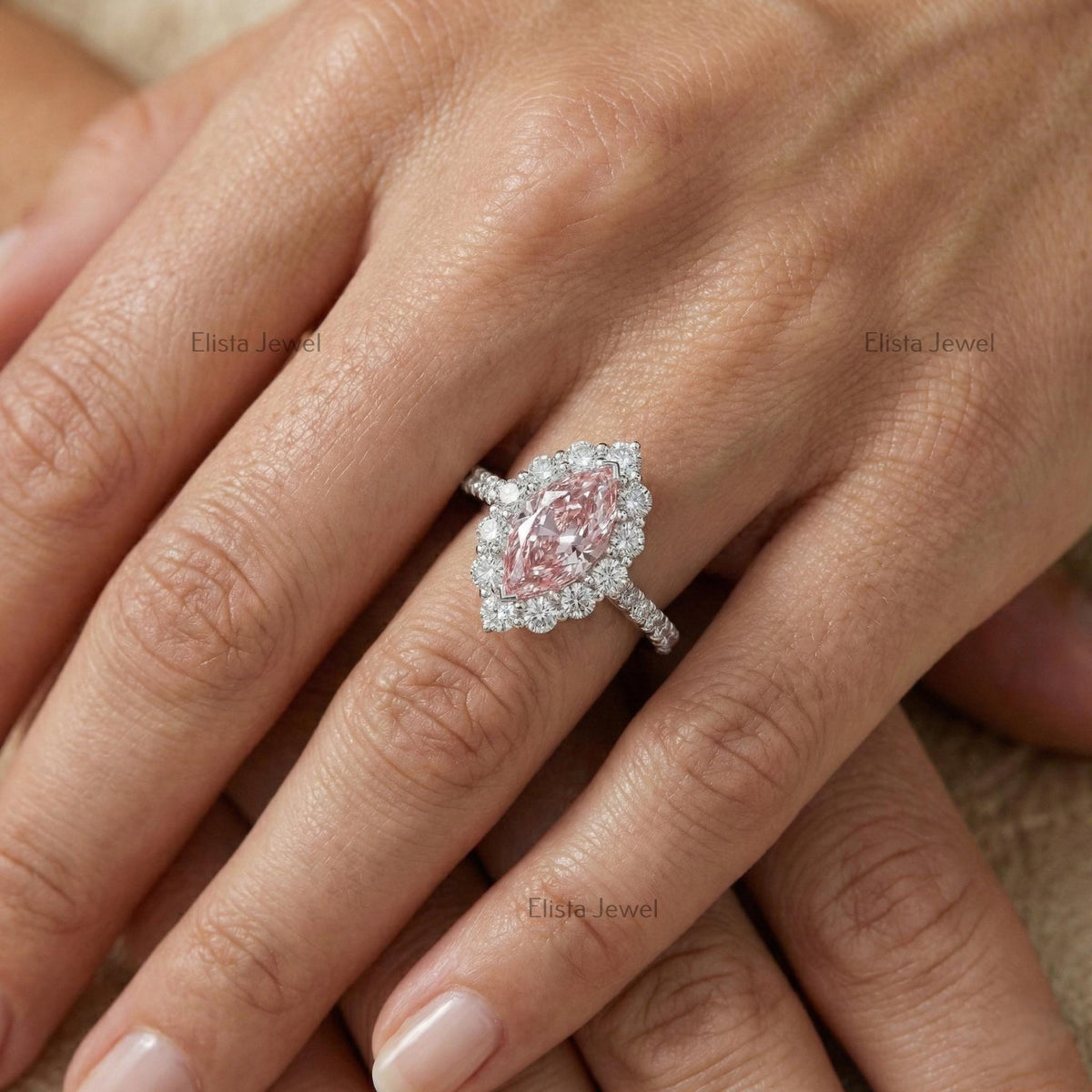 Marquise Pink Lab Diamond Halo Engagement Ring, 14K White Gold Pavé Band Certified