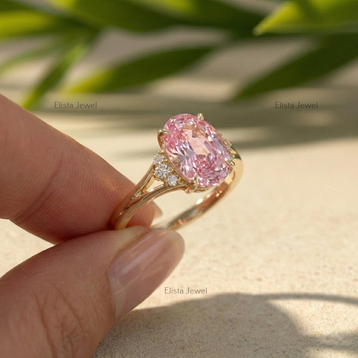 Oval Pink Lab Grown Diamond Split Shank Engagement Ring In 14K Yellow Gold