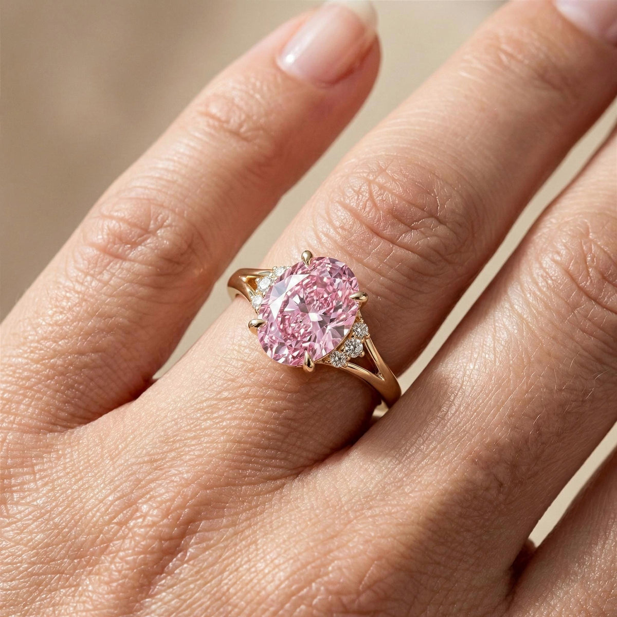 Oval Pink Lab Grown Diamond Split Shank Engagement Ring In 14K Yellow Gold