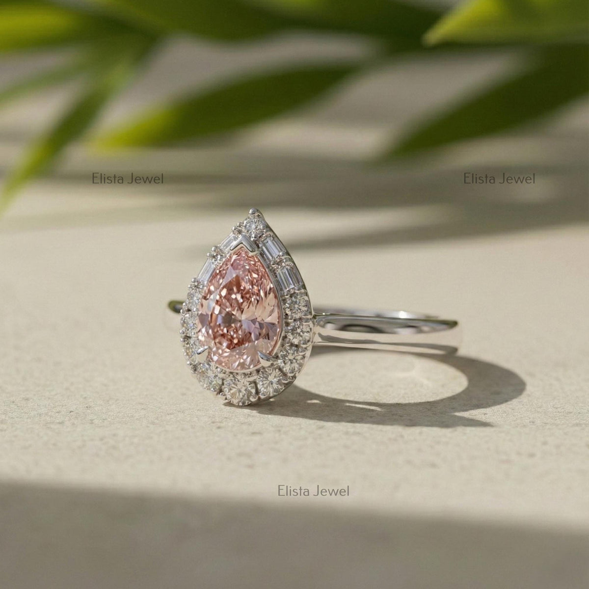 Pear Halo Pink Lab Grown Diamond Engagement Ring In 14K Solid White Gold