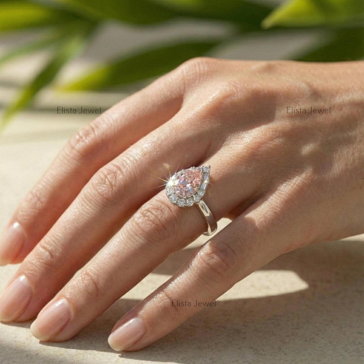 Pear Halo Pink Lab Grown Diamond Engagement Ring In 14K Solid White Gold