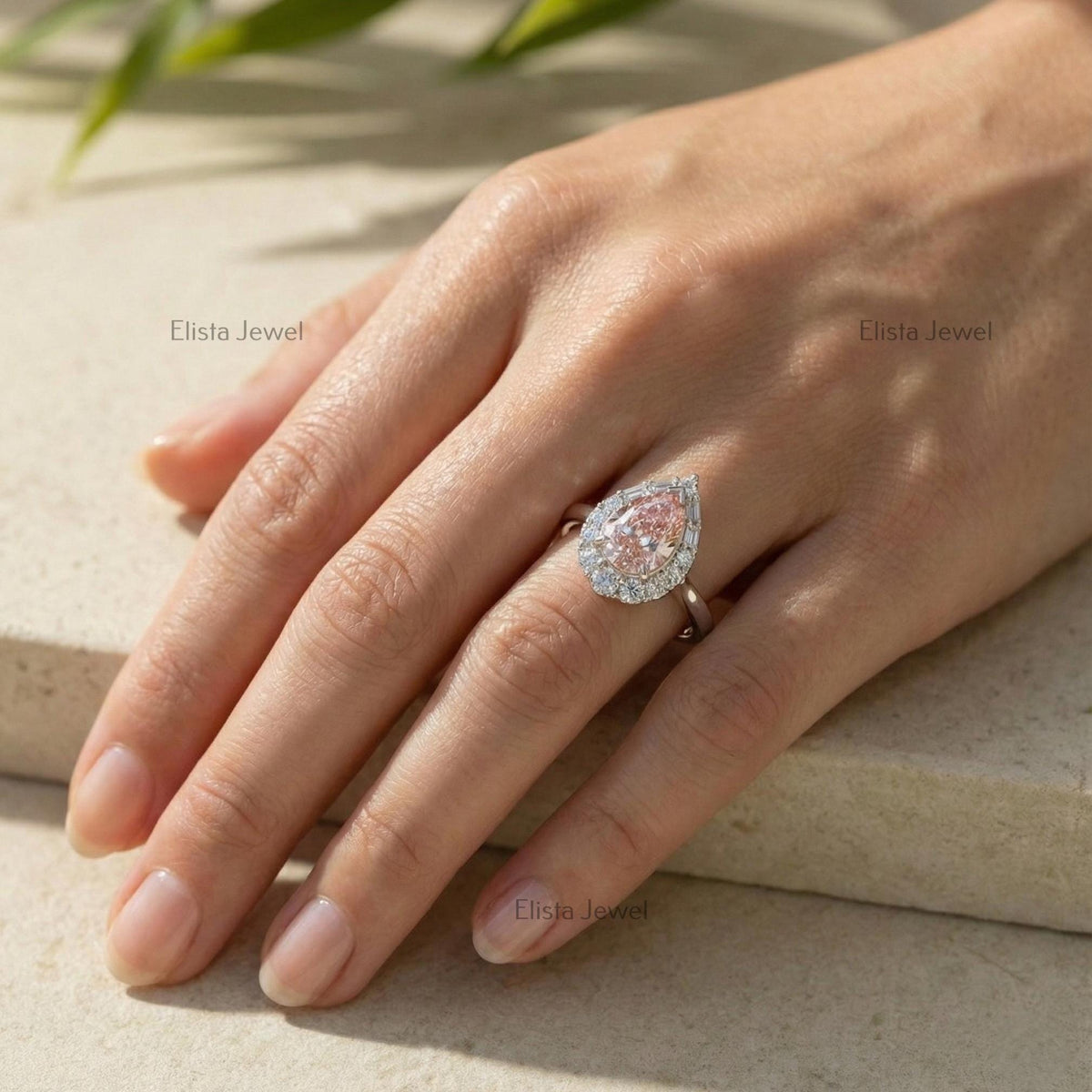 Pear Halo Pink Lab Grown Diamond Engagement Ring In 14K Solid White Gold