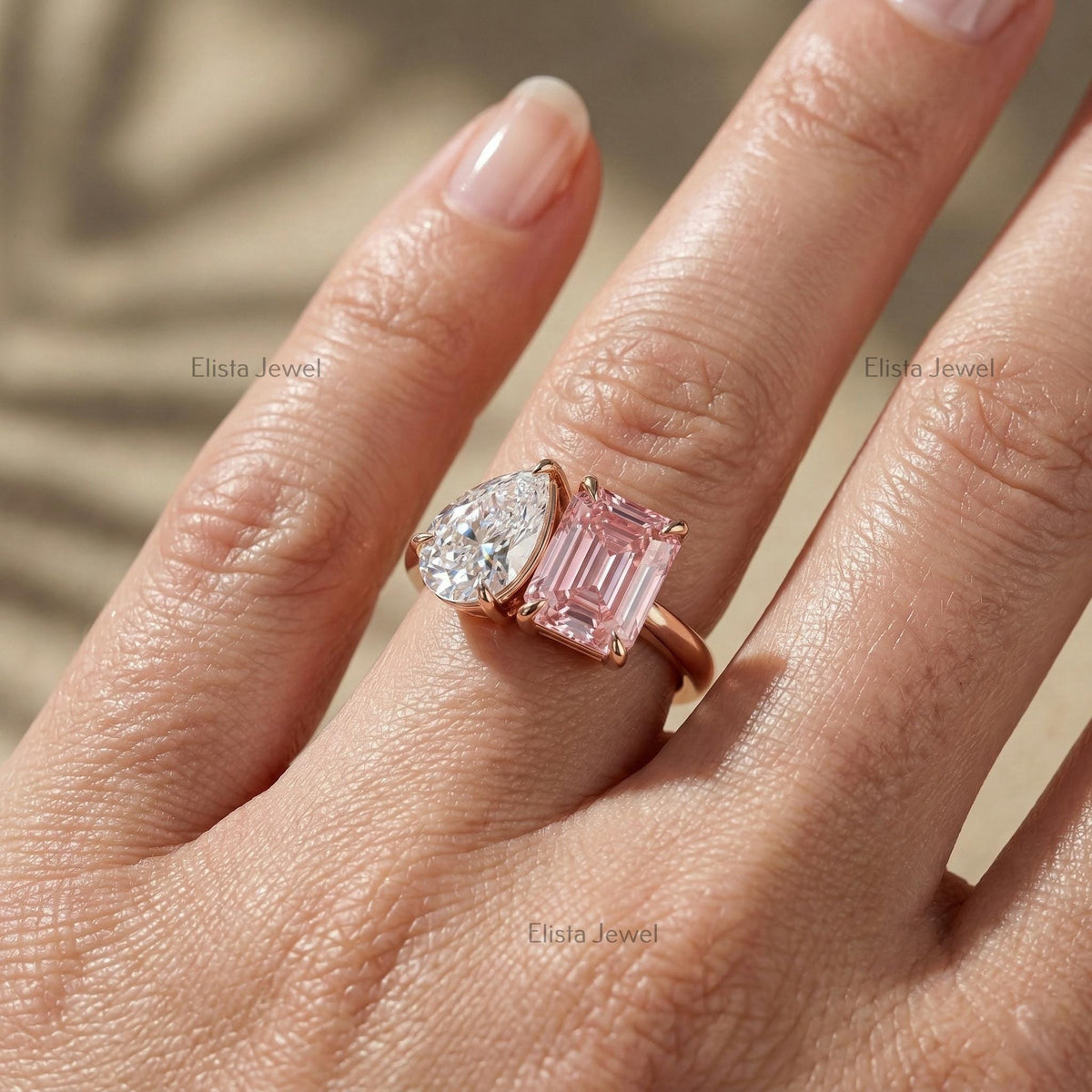 Pear Emerald Lab Grown Diamond Toi Et Moi Ring, 14K Rose Gold Engagement Ring