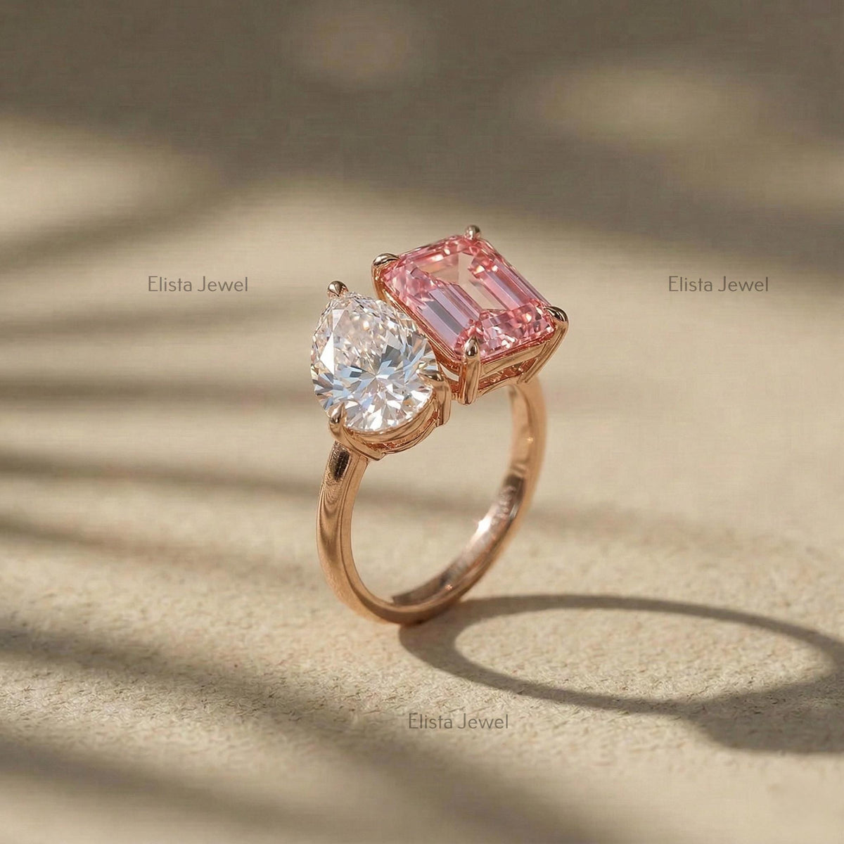Pear Emerald Lab Grown Diamond Toi Et Moi Ring, 14K Rose Gold Engagement Ring