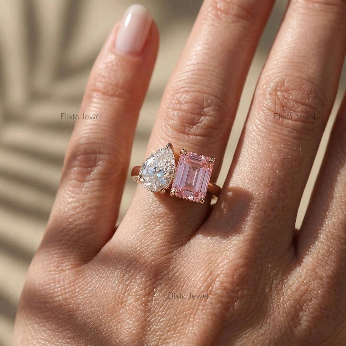 Pear Emerald Lab Grown Diamond Toi Et Moi Ring, 14K Rose Gold Engagement Ring