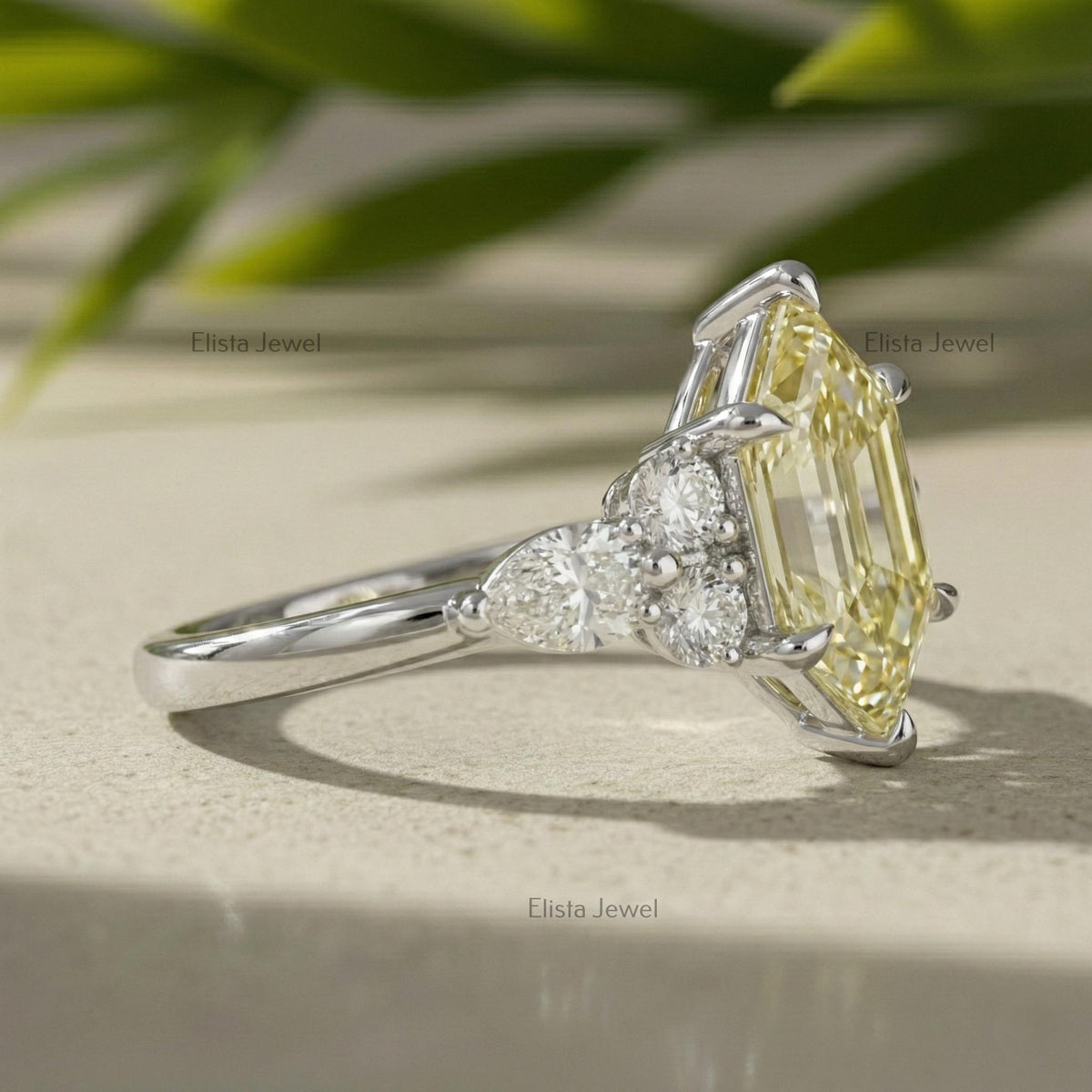 Hexagon Step Cut Yellow Diamond Three Stone Ring, IGI Certified Engagement Ring