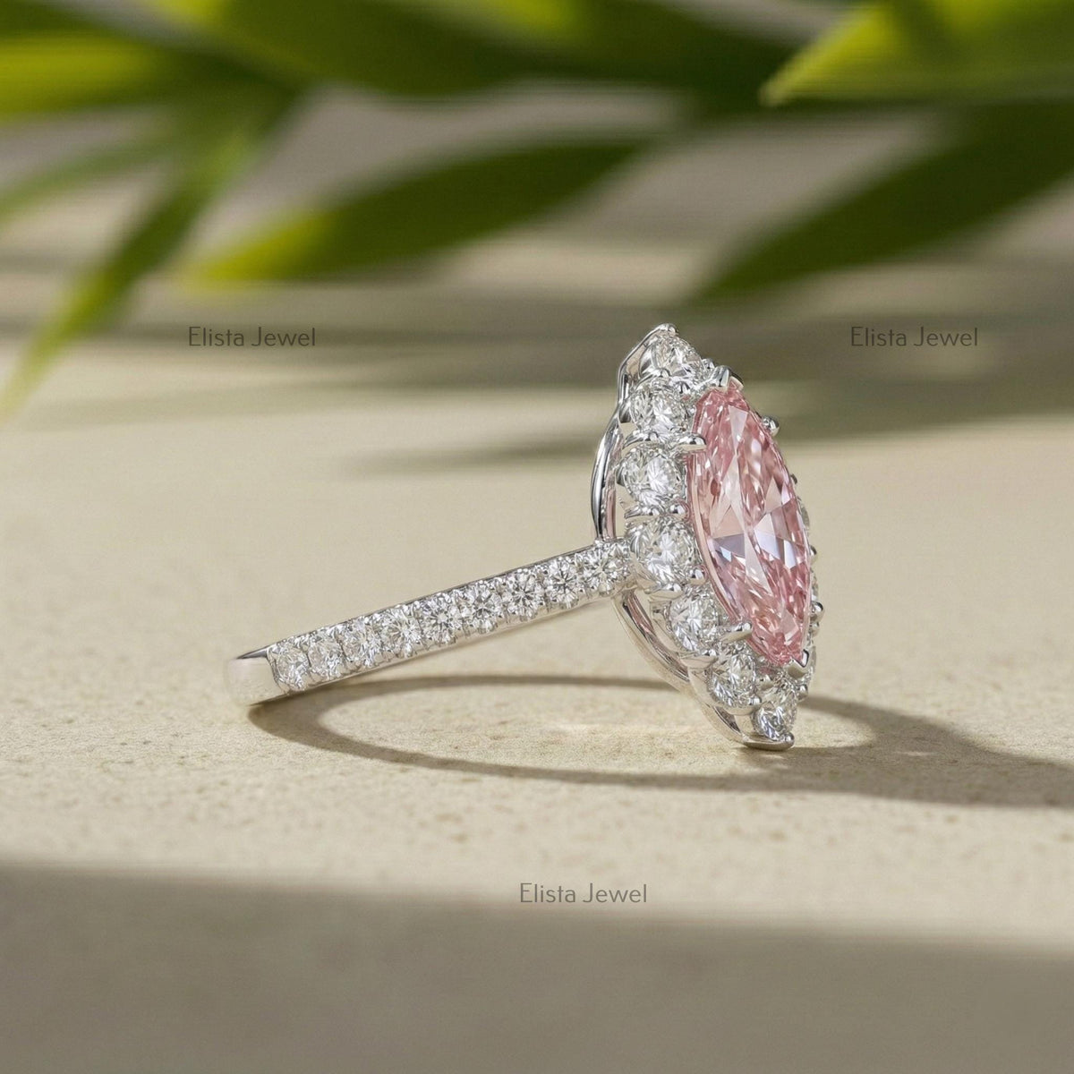 Marquise Pink Lab Diamond Halo Engagement Ring, 14K White Gold Pavé Band Certified