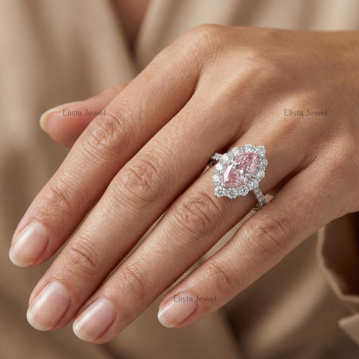 Marquise Pink Lab Diamond Halo Engagement Ring, 14K White Gold Pavé Band Certified
