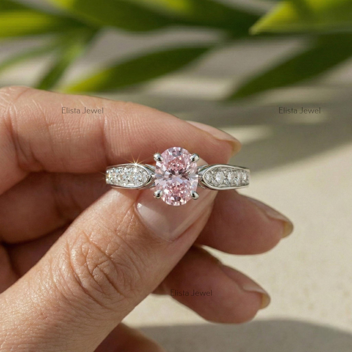 Oval Pink Lab Grown Diamond Engagement Ring, 14K White Gold, IGI Certified