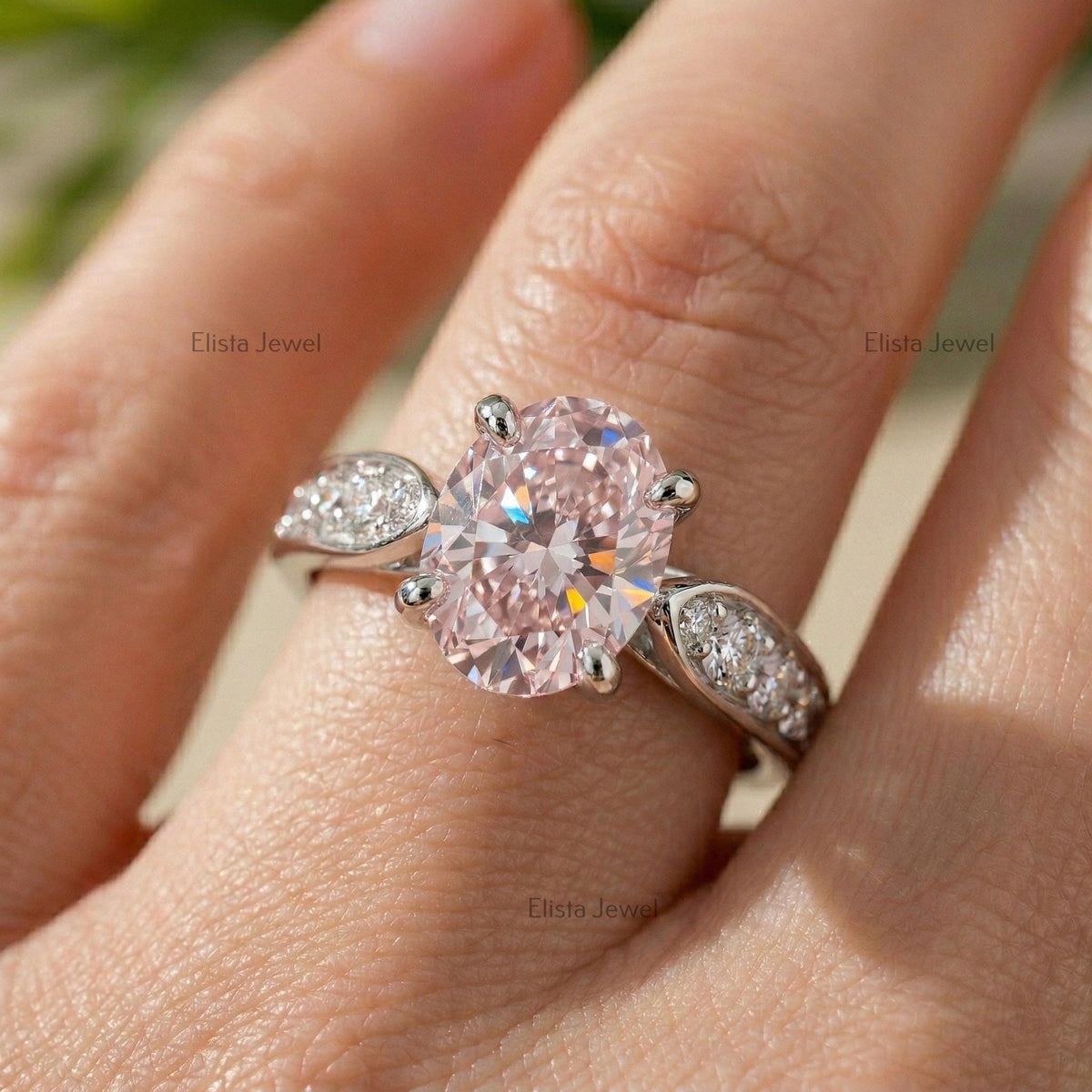 Oval Pink Lab Grown Diamond Engagement Ring, 14K White Gold, IGI Certified