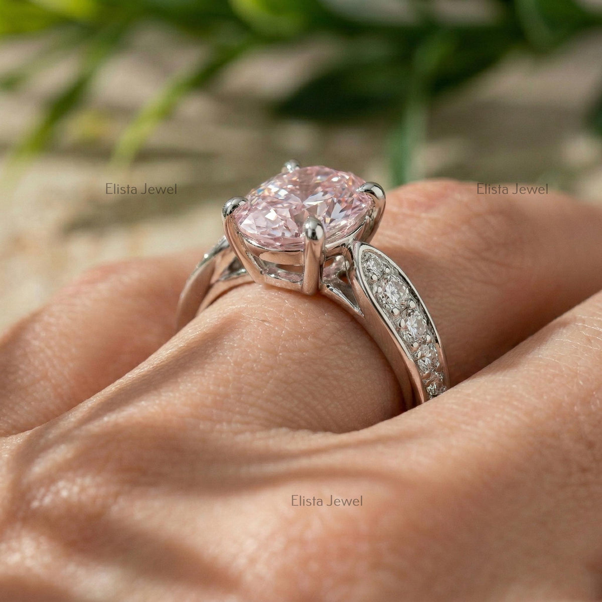 Oval Pink Lab Grown Diamond Engagement Ring, 14K White Gold, IGI Certified