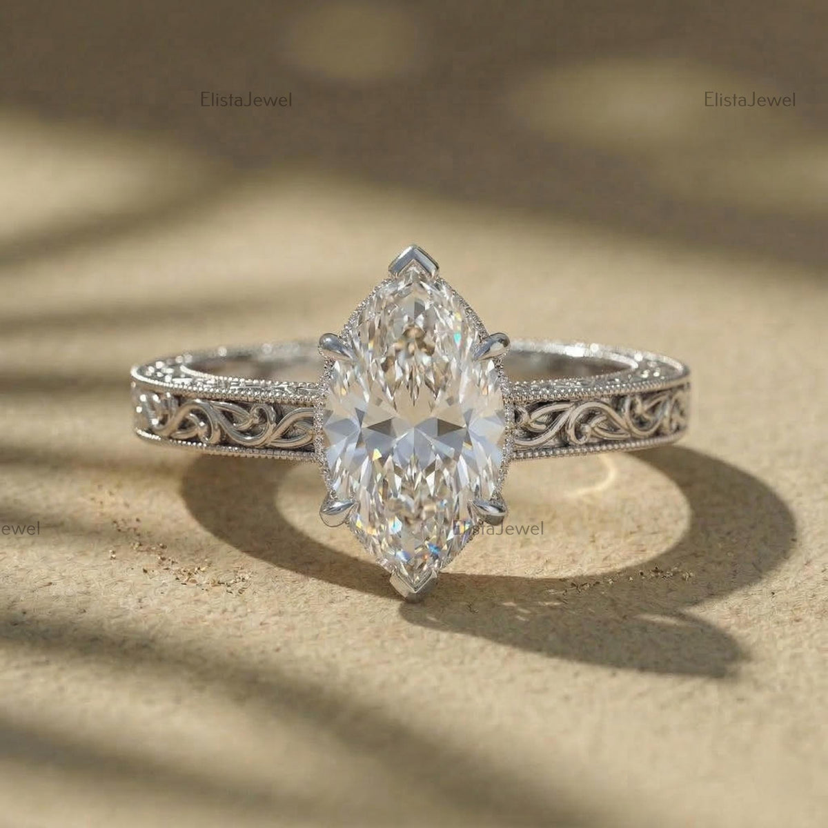 Marquise Lab Grown Diamond Engagement Ring, Vintage Yellow Gold Filigree Solitaire