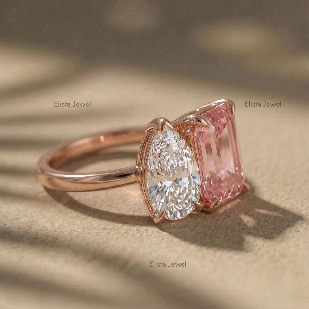 Pear Emerald Lab Grown Diamond Toi Et Moi Ring, 14K Rose Gold Engagement Ring