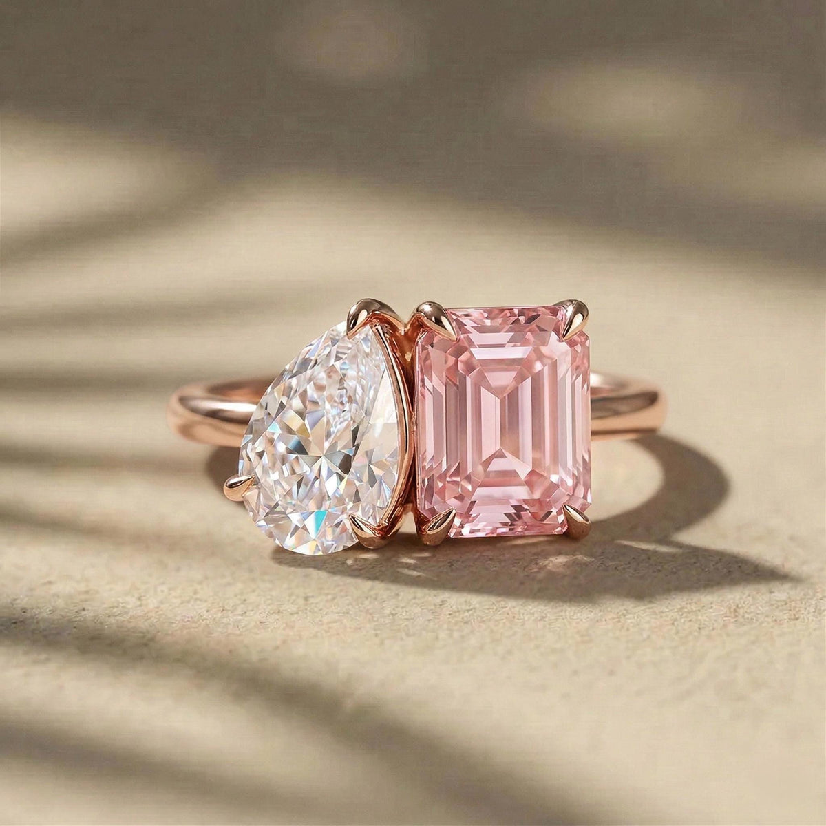 Pear Emerald Lab Grown Diamond Toi Et Moi Ring, 14K Rose Gold Engagement Ring